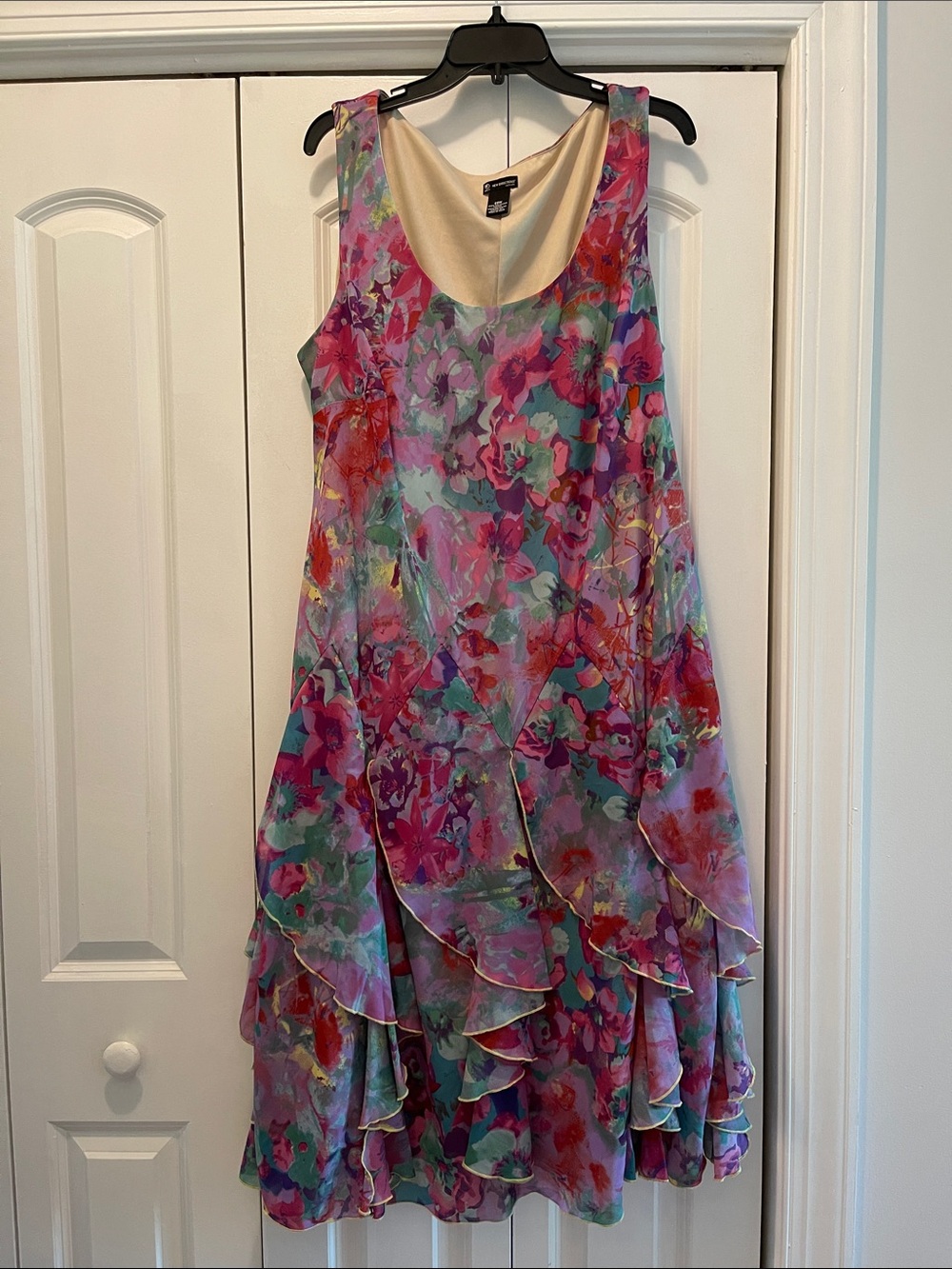 new directions Floral Tiered Midi Dress in Pink, Teal and Purple